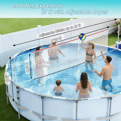 Above Ground Pool Volleyball Net Set, Adjustable 10-27FT Width Swimming Pool Volleyball Net, Outdoor Poolside Games with Ball, Carry Bag, Pump, Poles - Fun Swimming Water Games for Kids Adults Family