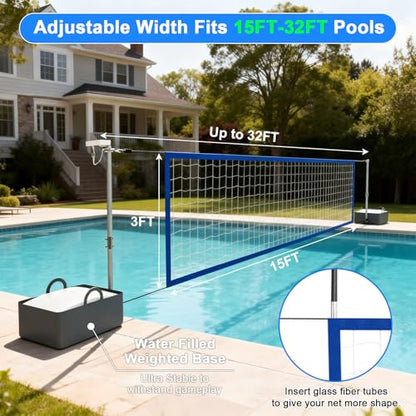 Pool Volleyball Net Set with LED Lights, Larger Solar Panel - High Brightness Volleyball Net for Inground Pools, Adjustable 15-32ft Length Outdoor Water Volleyball Games Toy for Backyard Party
