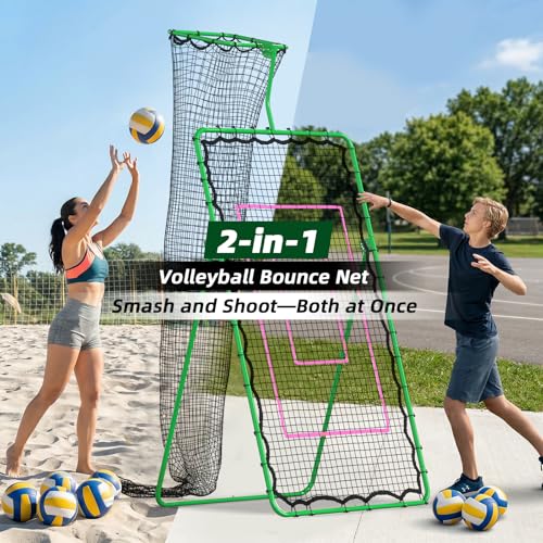 Volleyball Rebounder Net 7x4 FT, Adjustable Volleyball Training Equipment for Backyard Outdoor Solo Practice, Heavy-Duty 45-Layer Net with Ground Stakes & Target Belt
