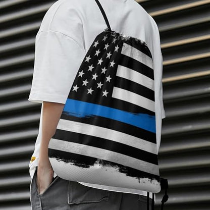 Gym Drawstring Backpack Sackpack Water Resistant for Sports Beach Yoga Travel Unisex, Thin Blue Line Flag Police American Bags - color: Picture (757)