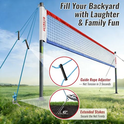 Heavy Duty Professional Volleyball Net Set Aluminum Poles, 32 ft Regulation Portable for Outdoor Backyard Beach, Anti-Sag, Adjustable Height & Length with Carry Bag - color: Red and Blue