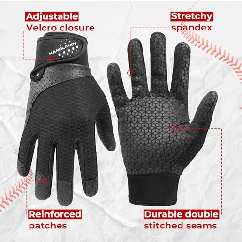 HANDLANDY Baseball Batting Gloves for Adult Youth, Grip Breathable Softball Batting Gloves Fit Men Kids Boys Girls - color: Dark Black-Kids, size: Kids X-Small