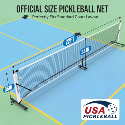 Portable Pickleball Net System with Wheels, 22FT Regulation Size Pickleball Net with Court Lines and 8 Sandbags for Outdoor Driveway, Mobile Pickle Ball Set with Carry Bag, Steady Steel Frame