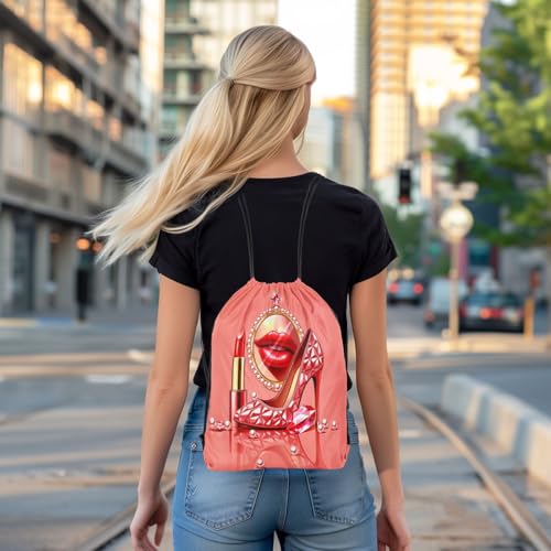 Castle Fairy Makeup Lipstick Print Drawstring Backpack Gym Bag,Crystal Shoes Cinch Bag,Glitter Diamond Pearl Foldable Draw String Back Bags Sports Bags,Pink Gold - color: Pink Gold