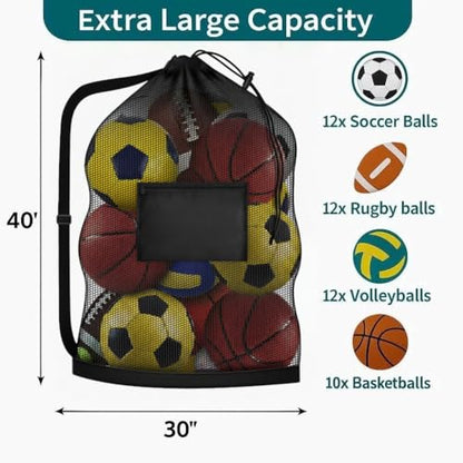 Extra Large Soccer Ball Bag，40x30 Inch Extra Large Mesh Equipment Sack for Coaches, Storage Bag for Basketball, Volleyball, Gym Equipment, Swimming Gear - color: Black+Black (With Pocket)