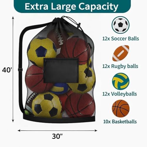 Extra Large Soccer Ball Bag，40x30 Inch Extra Large Mesh Equipment Sack for Coaches, Storage Bag for Basketball, Volleyball, Gym Equipment, Swimming Gear - color: Black (With Pocket)