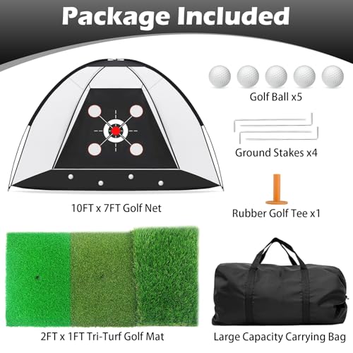 Golf Net,10x7FT with Golf Practice Mat,Hitting Aid Nets for Backyard Driving Chipping Training Swing with Target Outdoor or Indoor–Gifts for Men/Dad/Him