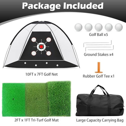 Golf Net,10x7FT with Golf Practice Mat,Hitting Aid Nets for Backyard Driving Chipping Training Swing with Target Outdoor or Indoor–Gifts for Men/Dad/Him