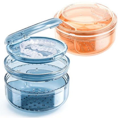 Denture Case, 2PCS Retainer Case with Strainer Basket, 2 in 1 Denture Bath Case No-Leak Retainer Cleaner Case, Retainer Holder for Travel, Mouth Guard Case for Dentures, Clear Braces, Night Guard - color: Blue-Orange