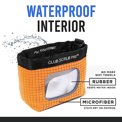 Club Scrub Golf Club and Golf Ball Cleaning Bag, Waterproof Clean Face Technology Liner, Detachable Clip, Machine Washable, Cleans Club Grooves, Dry Exterior (Neoprene or Microfiber Option Available) - color: Orange, style: Microfiber Pro