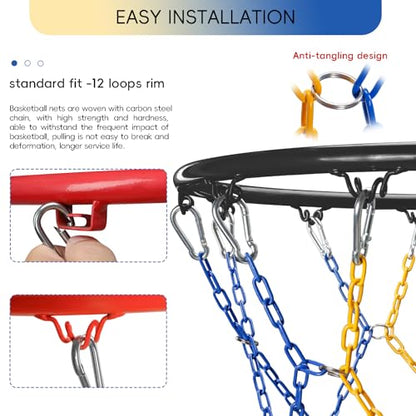 Basketball Net Heavy Duty Replacement,Carbon Steel Chain Basketball net, Anti-Rust Use Indoor Outdoor Standard 12 Loops Hoop - color: Blue/Yellow