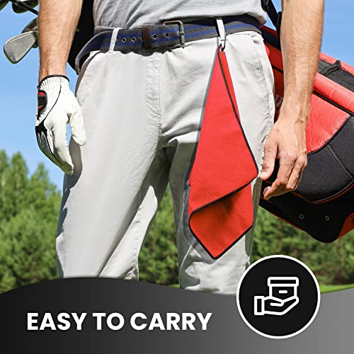 Golf Towel Pack - 3 Microfiber Waffle Pattern Golf Towels Including Golf Club Brush and Groove Cleaner Divot Repair Tool - color: Red