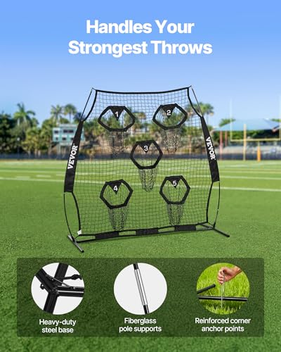 VEVOR 6x6ft Football Trainer Throwing Net, Training Throwing Target Practice Net with 5 Target Pockets,Football Training Equipment Includes Portable Carry Case,Great for Quarterback - color: Black