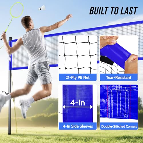 Outdoor Volleyball Net System for Backyard, Adjustable Height (5.1–8FT) & Width (20–32FT), Anti-Sag Tension System, 2-in-1 Badminton Combo Set with Carry Bag, Rackets & Shuttlecocks - color: Blue