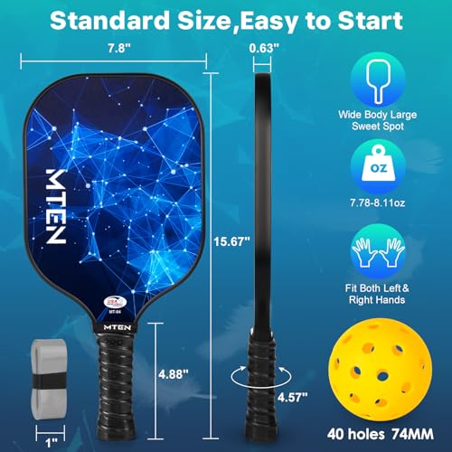 Pickleball Paddles Set of 2 or 4, or Single Paddle – USAPA Approved Fiberglass Surface Pickleball Rackets Set for Men & Women - color: Black&Blue*4