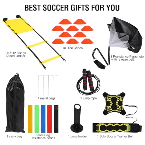 REDCAMP Agility Speed Training Equipment Set, 20ft 12 Rungs Agility Ladder, Jump Rope,10 Disc Cones, Resistance Parachute, 5 Resistance Bands, Football Practice Training Accessories with Storage Bag
