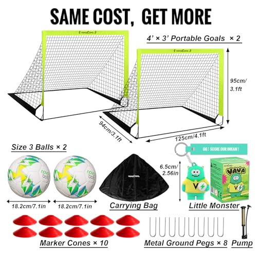 VavaCava 4'x3' Kids Soccer Goal Set, 2 Portable Pop Up Soccer Goals for Backyard, 2 Size 3 Balls, 10 Cones, Pump, Carry Bag, Little Monster Keychain & SGS Certificate, Toddler Soccer Net