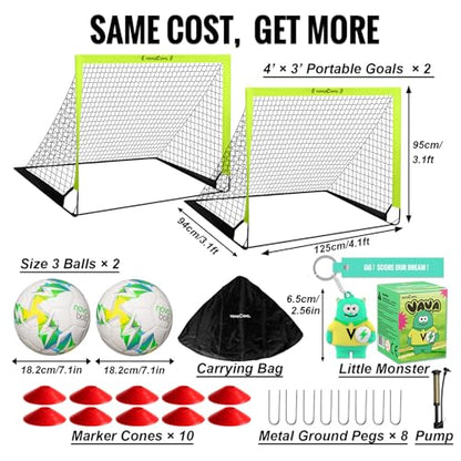 VavaCava 4'x3' Kids Soccer Goal Set, 2 Portable Pop Up Soccer Goals for Backyard, 2 Size 3 Balls, 10 Cones, Pump, Carry Bag, Little Monster Keychain & SGS Certificate, Toddler Soccer Net