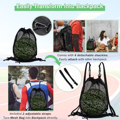 STAY GENT Drawstring Basketball Backpack for Boys, Foldable Soccer Backpack Gym Bag Sackpack Sports Sack with Detachable Ball Mesh Bag for Volleyball Baseball Yoga - color: Pitch Black