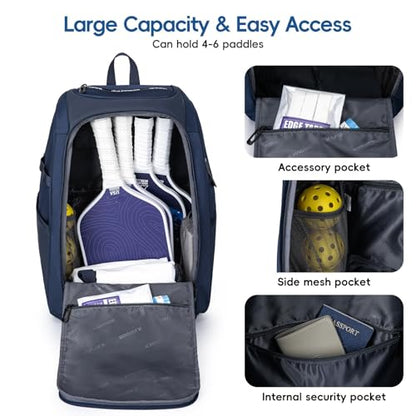 KAVIGOR Pickleball Bag, Large Pickleball Backpack Holds 4 to 6 Paddles, Shoes Compartment & Wet/Dry Pocket (9 Pockets), Charge Port - color: Blue
