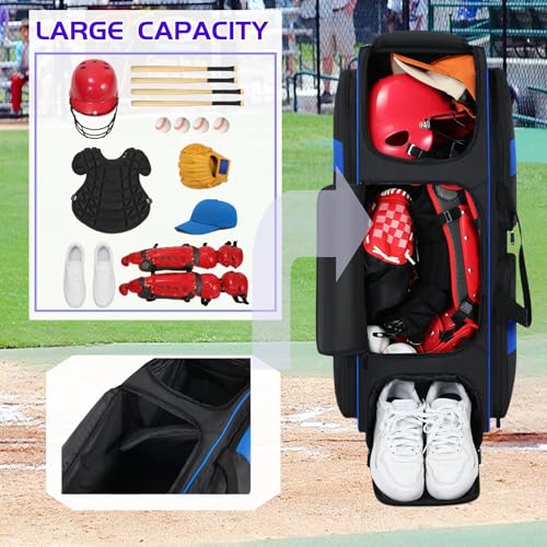 Rolling Baseball Bag with Wheels, Large Catchers Gear Bag for 4 Bats and Equipment,Separate cleats Compartment, Multi-Pockets & Fence Hook, Portable Softball Baseball Bat Bags for Youth Adult
