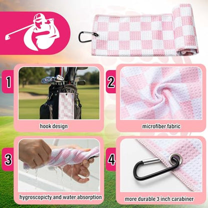 Liliful Pink and White Checkered Golf Towel Pink Cleaner Water Brush Set, Microfiber Waffle Towel Golf Accessories Kit Club Supplies for Birthday Valentine's Day Women Ladies Gifts