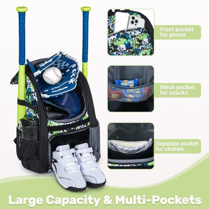 KAVIGOR Youth Baseball Bag, Softball Bag for Girls & Boys, Kids Tball Backpack with Shoes Compartment - color: Green Camo