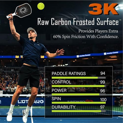 Professional Pickleball Paddles- T700 Carbon Fiber Pickle Racket- 3K Raw Carbon Frosted Surface for Enhanced Spin and Friction - USAPA Approved Offensive Long Paddle for Intermediate Advanced Players - color: white