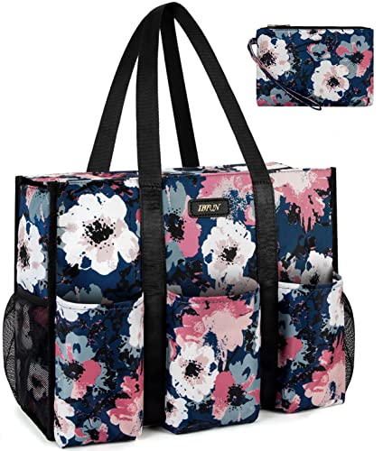 IBFUN Utility Tote Bag with 24 Pockets, Large Teacher Tote for Women with Laptop Compartment, Travel Tote Bag with Zip Top - color: A4-m-flowers, size: Medium