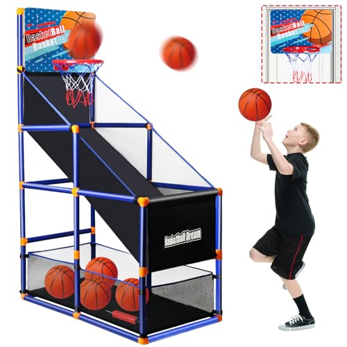 Arcade Basketball Game Set for Kids, Boy Toys Basketball Hoop with 4-5 Balls for 3-12 Years Old, Adjustable Height w/Pump & Storage Net for Kids Indoor Outdoor Sports Play, Christmas Birthday Gifts
