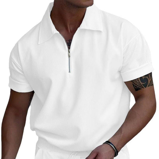 Polo Shirts for Men Corduroy Short Sleeve Zipper Solid Color Ribbed Loose Fit Summer Casual Basic Athletic Golf Tee Tops - color: White, size: XX-Large