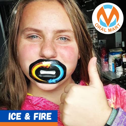 Oral Mart Flag Football Mouth Guard with 3D LipFit Design for Kids - Youth Football Mouthguard (No Boil) Cool Instant Fit Lip Guard Mouthpiece for Braces (Detachable Helmet Strap Included) - color: Ice & Fire