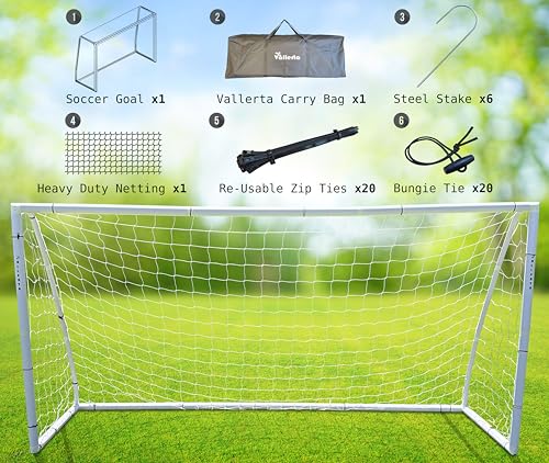 Vallerta® Premier Portable AYSO Youth Regulation Size Soccer Goal. Heavy Duty 62MM Diameter PVC Frame w/Weatherproof 4mm Net Practice/Training Aid w/Easy Carry Bag. - size: 12x6 Ft.