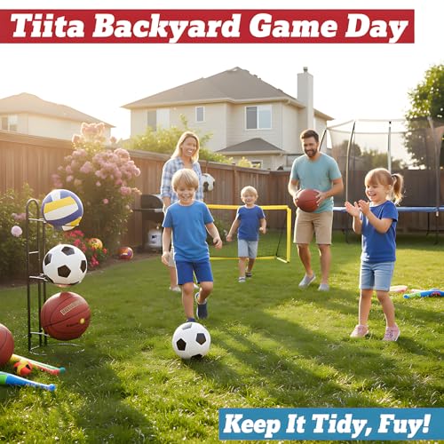 Tiita Basketball Ball Storage Rack, 3-Tier Garage Sport Equipment Organizer, Freestanding Ball Storage Holder Removable Vertical Display Stand for Volleyball, Soccer, Football & Basketball
