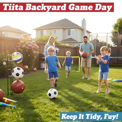 Tiita Basketball Ball Storage Rack, 3-Tier Garage Sport Equipment Organizer, Freestanding Ball Storage Holder Removable Vertical Display Stand for Volleyball, Soccer, Football & Basketball