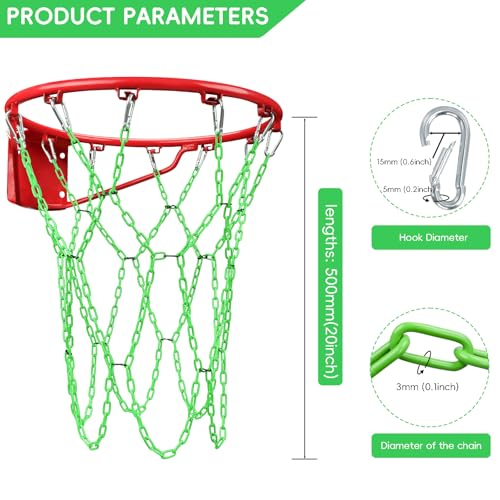 Basketball Net Heavy Duty Replacement,Carbon Steel Chain Basketball net, Anti-Rust Use Indoor Outdoor Standard 12 Loops Hoop - color: Green