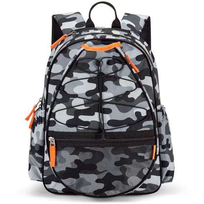 Choco Mocha Kids Tennis Bag, 16 Inch Youth & Junior Tennis Backpack with Shoe Compartment, Holds 2 Rackets (21–23 Inch) - color: Camo Gray