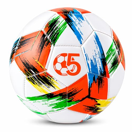 Soccer Ball Size 5 Size 4 size 3 Deflated - Bright Tri-Color Design, Vibrant & Multicolor Indoor/Outdoor Training Sports Ball - Official Size for Kids Youth Teens Adult - Ideal Soccer & Birthday Gift - color: Red, size: Size 5