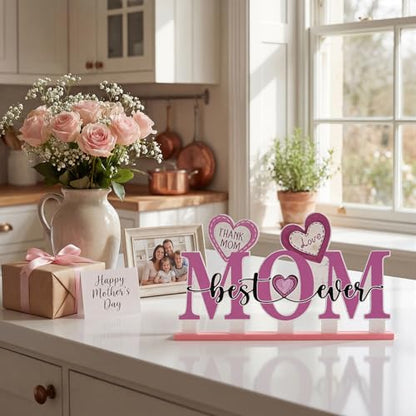 Smile Happy Mother's day Indoor Decorations Wooden Decor Table Centerpiece Thank You Mom Best Ever Wooden Plaque Ornaments for Home Kitchen - style: Letter Mom
