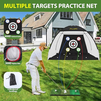 FILORI Golf Practice Net 10x7FT - Golf Hitting Net with Tri-Turf Mat, 8 Balls, Tee & Carry Bag, Indoor/Outdoor Backyard Training for Driving Chipping Swing, Ideal Gifts for Men Dad Husband Golfer