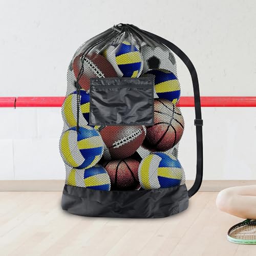Large Capacity Mesh Drawstring Ball Bag with Pocket Heavy-duty Basketball Soccer Volleyball Storage Single Shoulder Sports Equipment Carrying Sack for Team Training