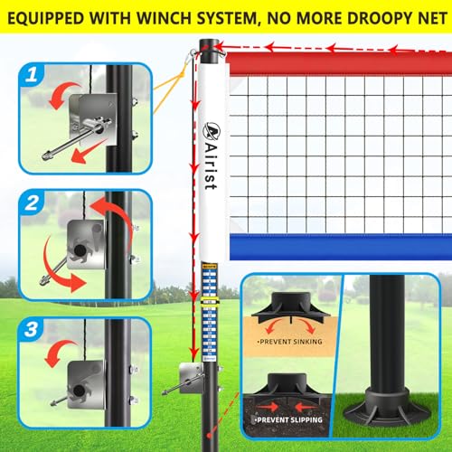 Heavy Duty Volleyball Net Outdoor with Steel Anti-Sag System, Adjustable Aluminum Poles, Professional Volleyball Nets Set for Backyard and Beach, Volleyball and Carrying Bag - color: Red and Blue