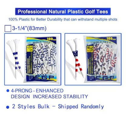 Golf Tees3 1/4" -100 Pack, Plastic Golf tees 3 1/4 inch 4-Prong Long Plastic Tees – Reduce Friction&Side Spin,Enhanced Durability & Stability,Also able to Work with a Variety of Drivers, hybrids.