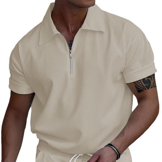 Polo Shirts for Men Corduroy Short Sleeve Zipper Solid Color Ribbed Loose Fit Summer Casual Basic Athletic Golf Tee Tops - color: Khaki, size: Small