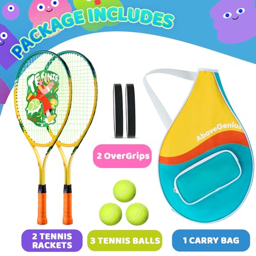 AboveGenius Kids Tennis Racket Set, 21/23/25 inch Tennis Racket for Toddler Youth Starter Kit, 3 Balls, 2 Lightweight Racquets with Easy Carrying Shoulder Strap Bag - size: 25 inch