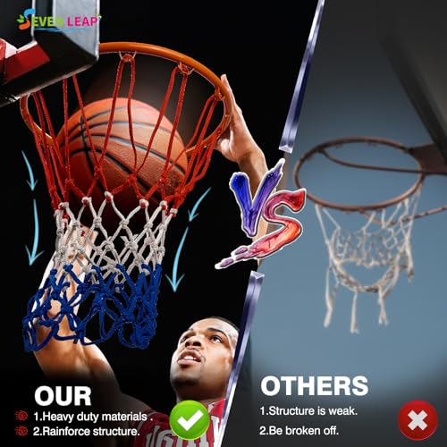 Heavy Duty Basketball Net Replacement - 2025 Upgrade Thick Professional All-Weather Anti-Whip Nets, 12 Loops Red/White/Blue Color, Fits Standard Outdoor Rims