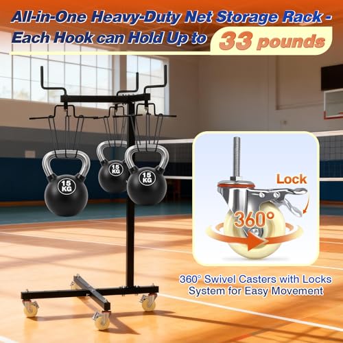 Movable Sports Net Storage Rack with Lockable Wheels, Heavy-Duty Holder for Volleyball, Tennis, Pickleball, Badminton Nets, Space-Saving Support Rack with Swivel Handle & Dust Covers - style: Holds 3 Nets