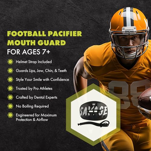 DAMAGE CONTROL Pacifier Mouthpiece – Football Mouthguard with Helmet Strap, Protects Teeth, Jaw & Mouth – Mouth Piece for Sports, No Boiling, Allows Airflow – Gear for Adults & Youth (Savage) - color: Savage