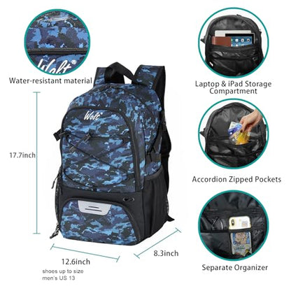 WOLT Basketball Backpack Large Sports Bag with Separate Ball Holder & Shoes Compartment, Best for Basketball, Soccer,Gym - color: Camouflage Blue