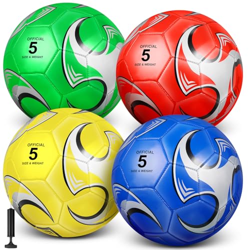 HyDren 4 Pcs Soccer Ball with Pump Official Size 4/5 Deflated Soccer Balls Bulk for Outdoor Indoor Practice Training Sport Gift for Kid Teen Youth Adult Back to School - size: Size 4, style: Stylish